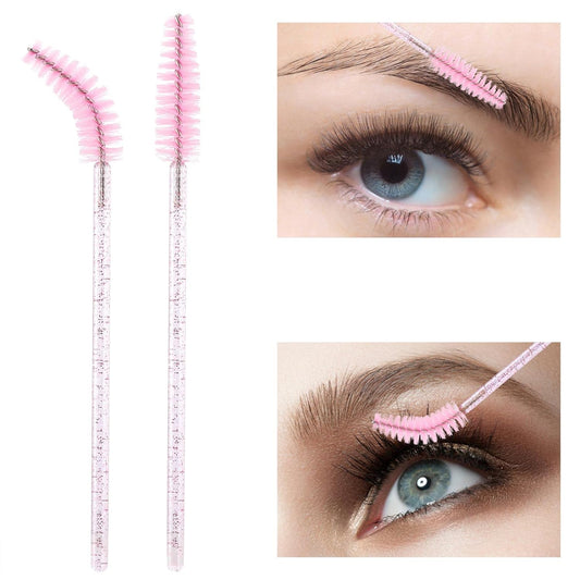 100PCS Disposable Mascara Wands – Pink Crystal Lash & Eyebrow Spoolies with Container