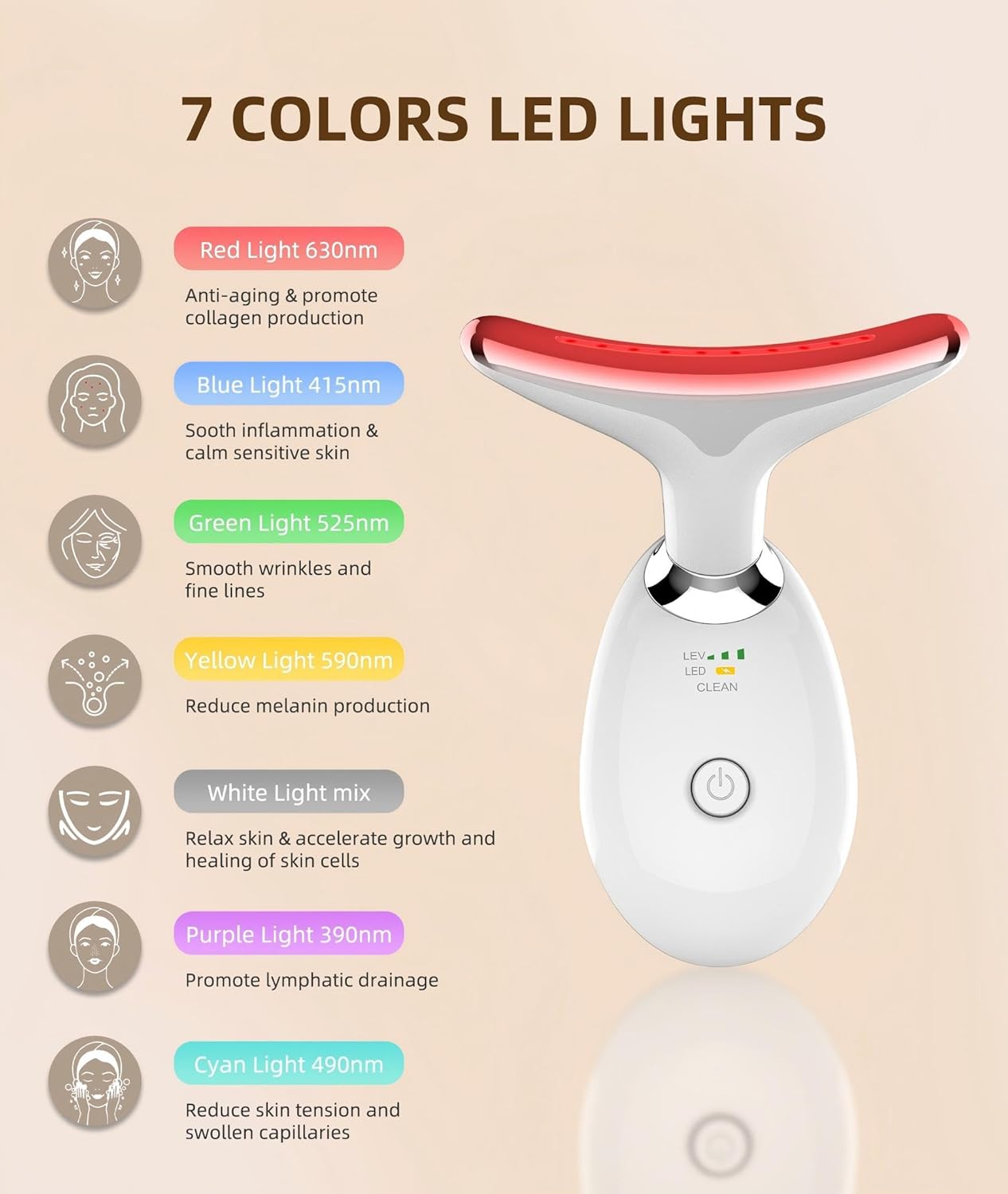 LED Lymphatic Drainage Face & Neck Massager | 7-Color Light Therapy