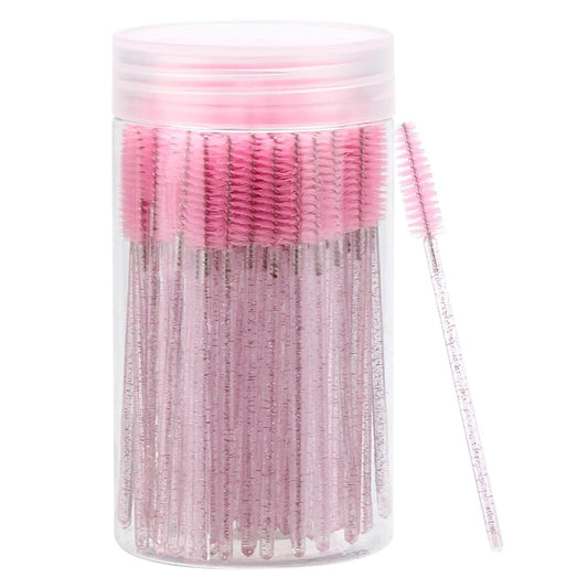 100PCS Disposable Mascara Wands – Pink Crystal Lash & Eyebrow Spoolies with Container