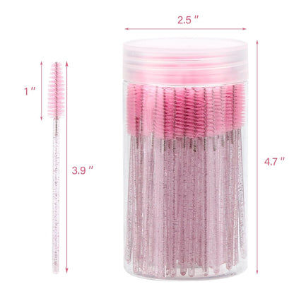 100PCS Disposable Mascara Wands – Pink Crystal Lash & Eyebrow Spoolies with Container
