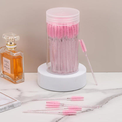 100PCS Disposable Mascara Wands – Pink Crystal Lash & Eyebrow Spoolies with Container